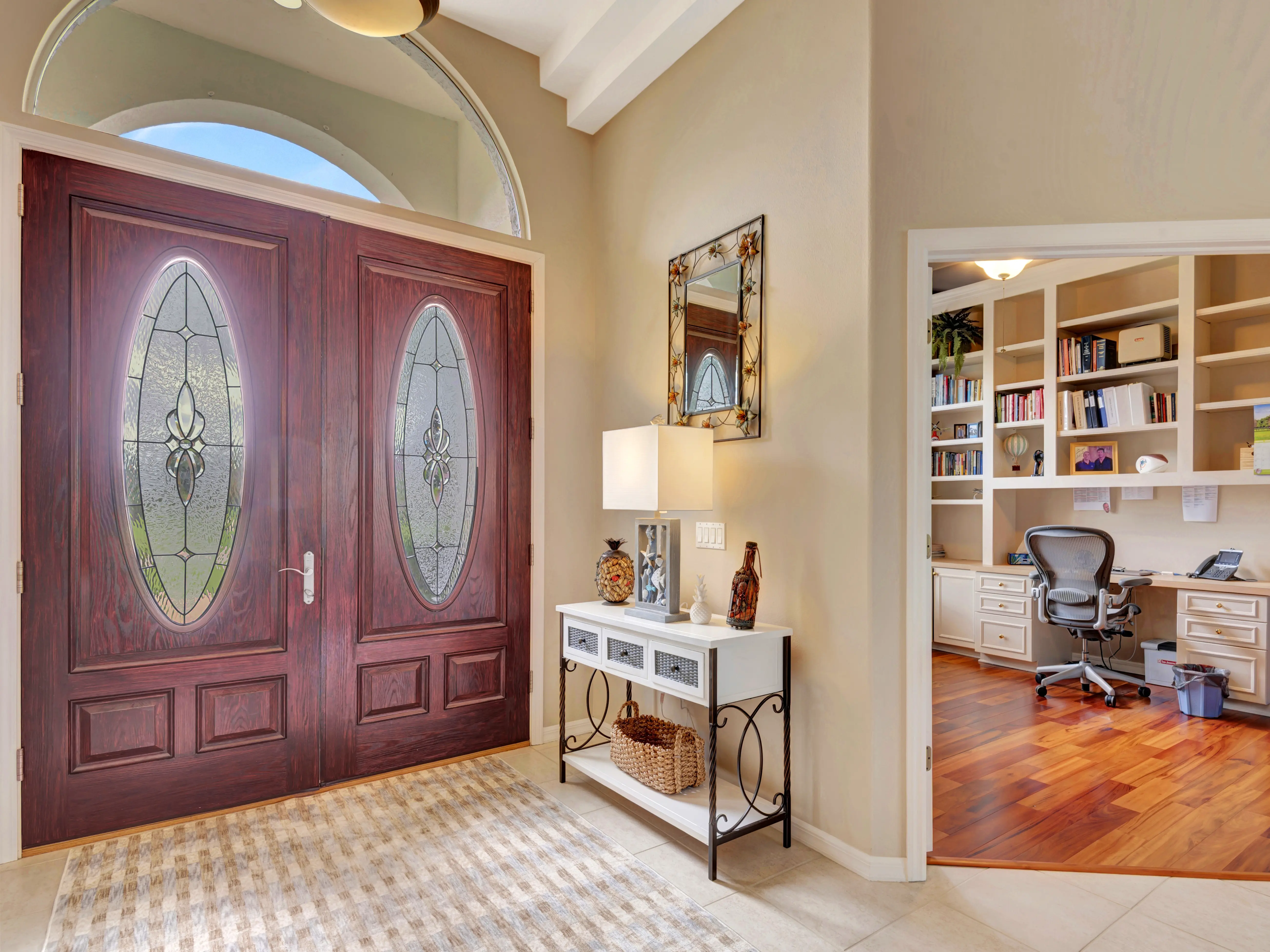 Editorial-quality entryway and front entrance architectural media of a luxury home in Palmer Ranch, Sarasota, Florida, shot by HDR Media Pro.