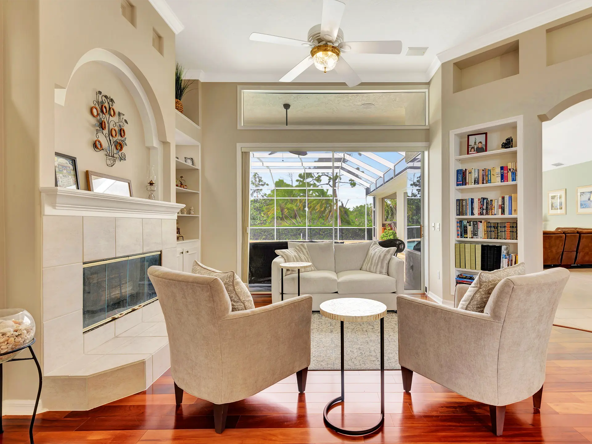 High-end interior detail showing a modern custom fireplace in Palmer Ranch, Sarasota, FL, created by HDR Media Pro real estate photography services.